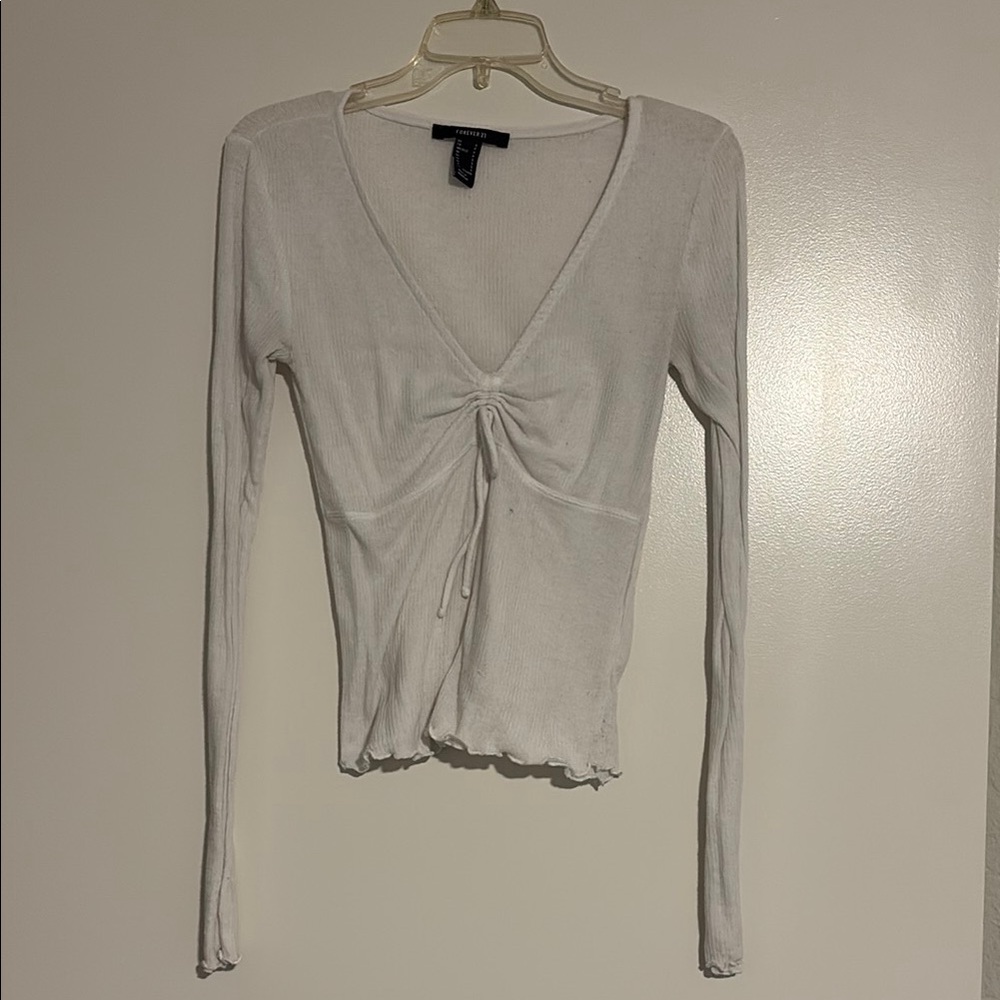 White Ribbed V-Neck Drawstring Long-Sleeve Top